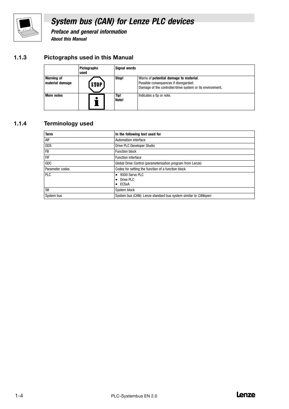 3 pictographs used in this manual, 4 terminology used, Pictographs used in this manual | Terminology used, System bus (can) for lenze plc devices, Preface and general information | Lenze DDS System bus CAN for PLC User Manual | Page 12 / 178