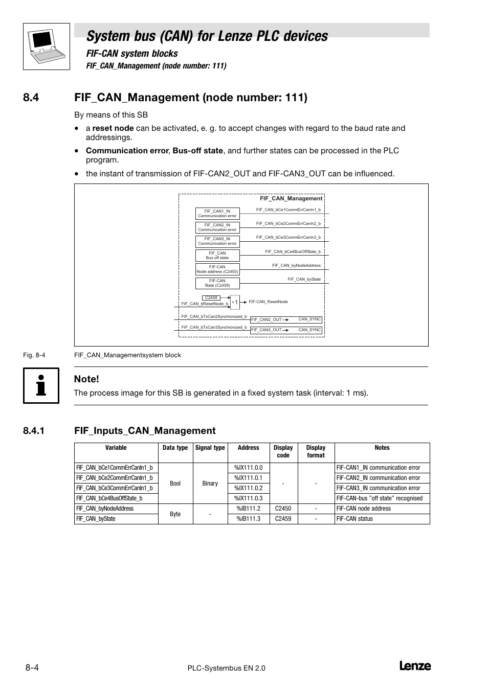 4 fif_can_management (node number: 111), 1 fif_inputs_can_management, Fif_can_management (node number: 111) | Fif_inputs_can_management, Sb can be found in chapter 8.4, System bus (can) for lenze plc devices, Fif−can system blocks, By means of this sb | Lenze DDS System bus CAN for PLC User Manual | Page 127 / 178