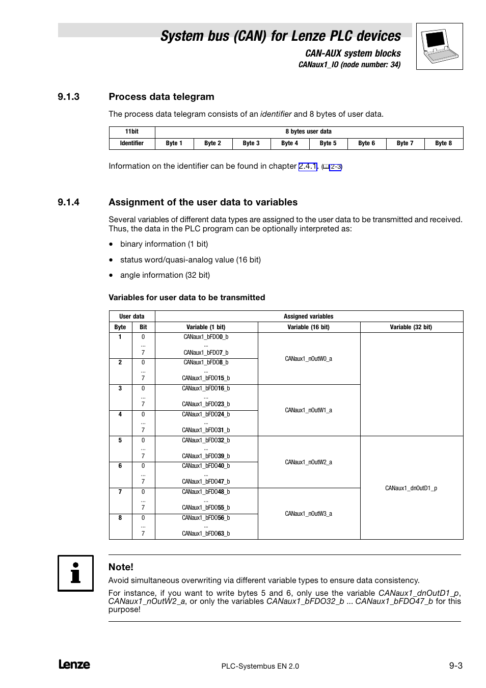 3 process data telegram, 4 assignment of the user data to variables, Process data telegram | Assignment of the user data to variables, System bus (can) for lenze plc devices, Can−aux system blocks | Lenze DDS System bus CAN for PLC User Manual | Page 132 / 178