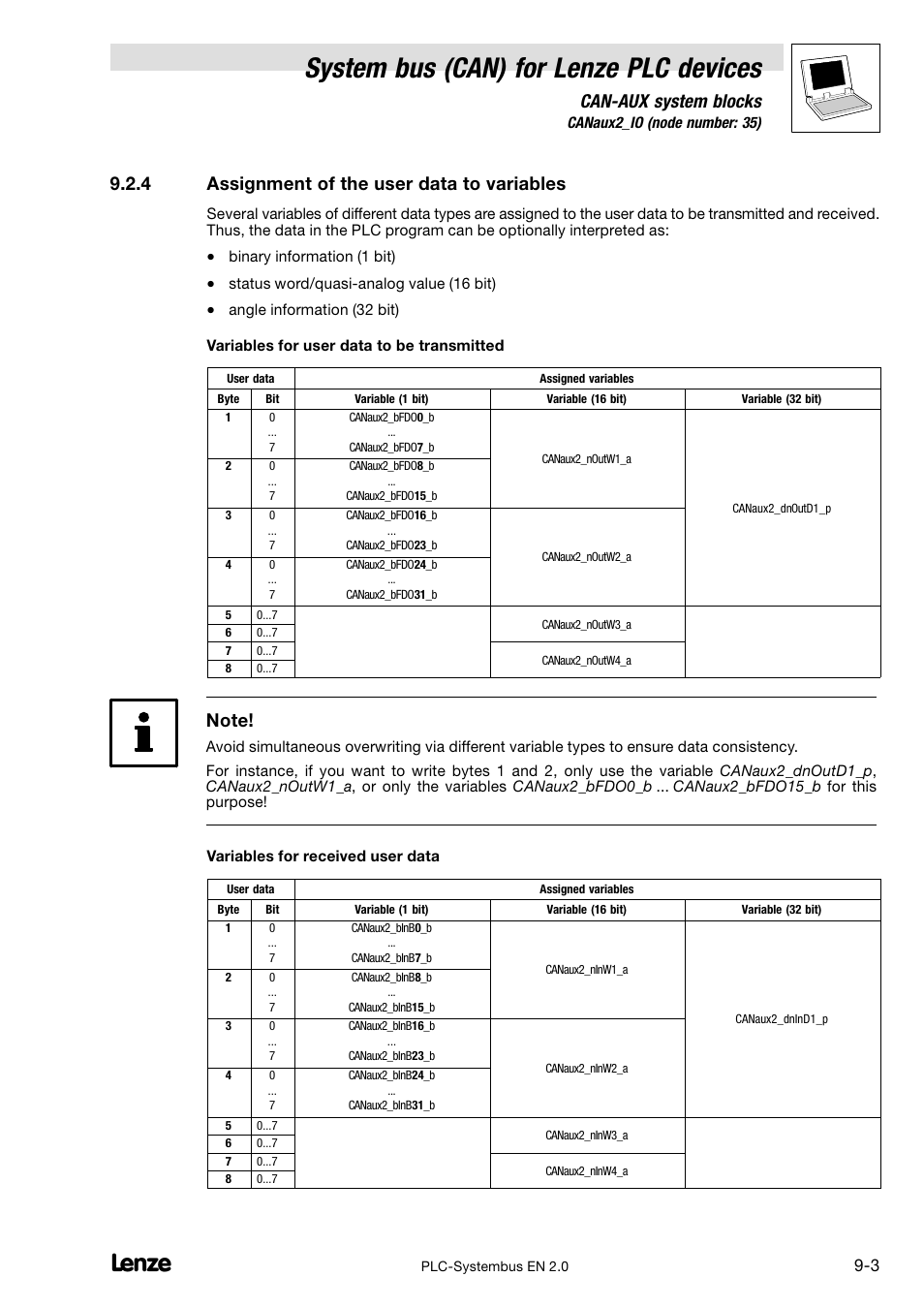 4 assignment of the user data to variables, Assignment of the user data to variables, System bus (can) for lenze plc devices | Can−aux system blocks | Lenze DDS System bus CAN for PLC User Manual | Page 136 / 178