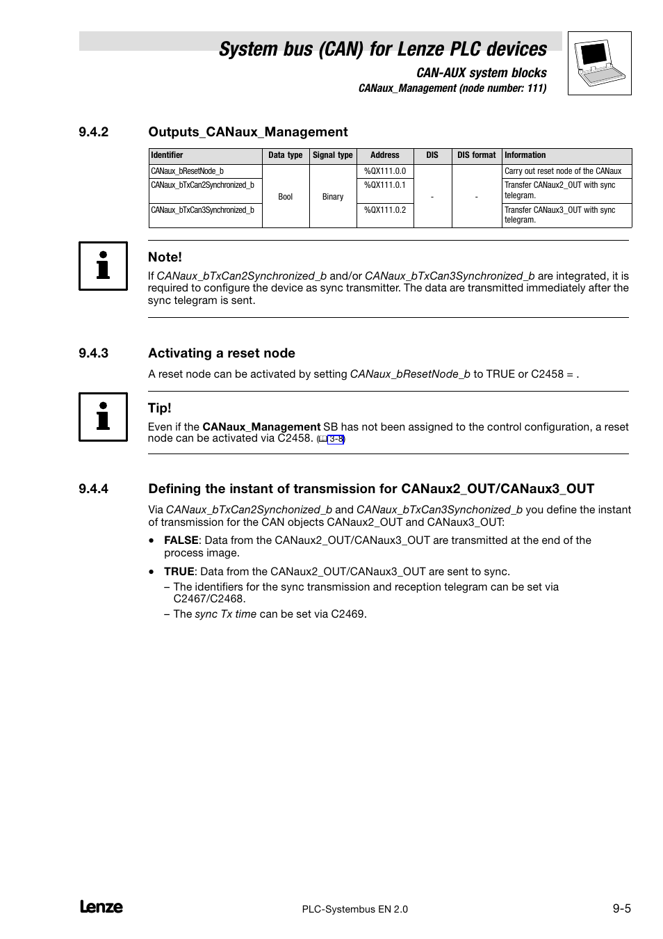 2 outputs_canaux_management, 3 activating a reset node, Outputs_canaux_management | Activating a reset node, System bus (can) for lenze plc devices, Can−aux system blocks | Lenze DDS System bus CAN for PLC User Manual | Page 141 / 178