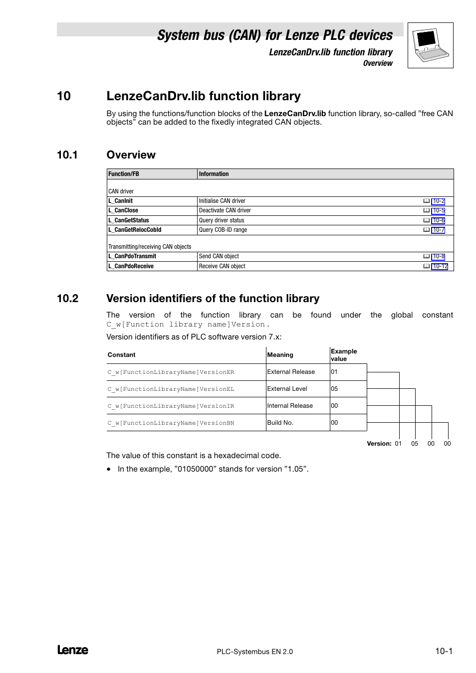 10 lenzecandrv.lib function library, 1 overview, 2 version identifiers of the function library | Pter 10, System bus (can) for lenze plc devices, Lenzecandrv.lib function library | Lenze DDS System bus CAN for PLC User Manual | Page 143 / 178