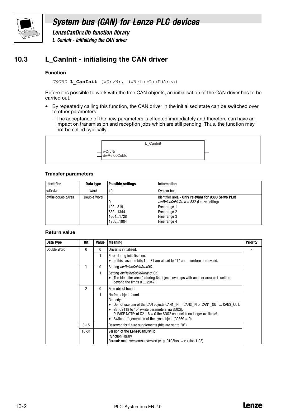 3 l_caninit - initialising the can driver, 3 l_caninit − initialising the can driver, System bus (can) for lenze plc devices | Lenzecandrv.lib function library | Lenze DDS System bus CAN for PLC User Manual | Page 144 / 178