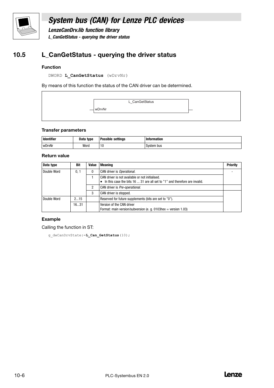5 l_cangetstatus - querying the driver status, 5 l_cangetstatus − querying the driver status, System bus (can) for lenze plc devices | Lenzecandrv.lib function library | Lenze DDS System bus CAN for PLC User Manual | Page 148 / 178