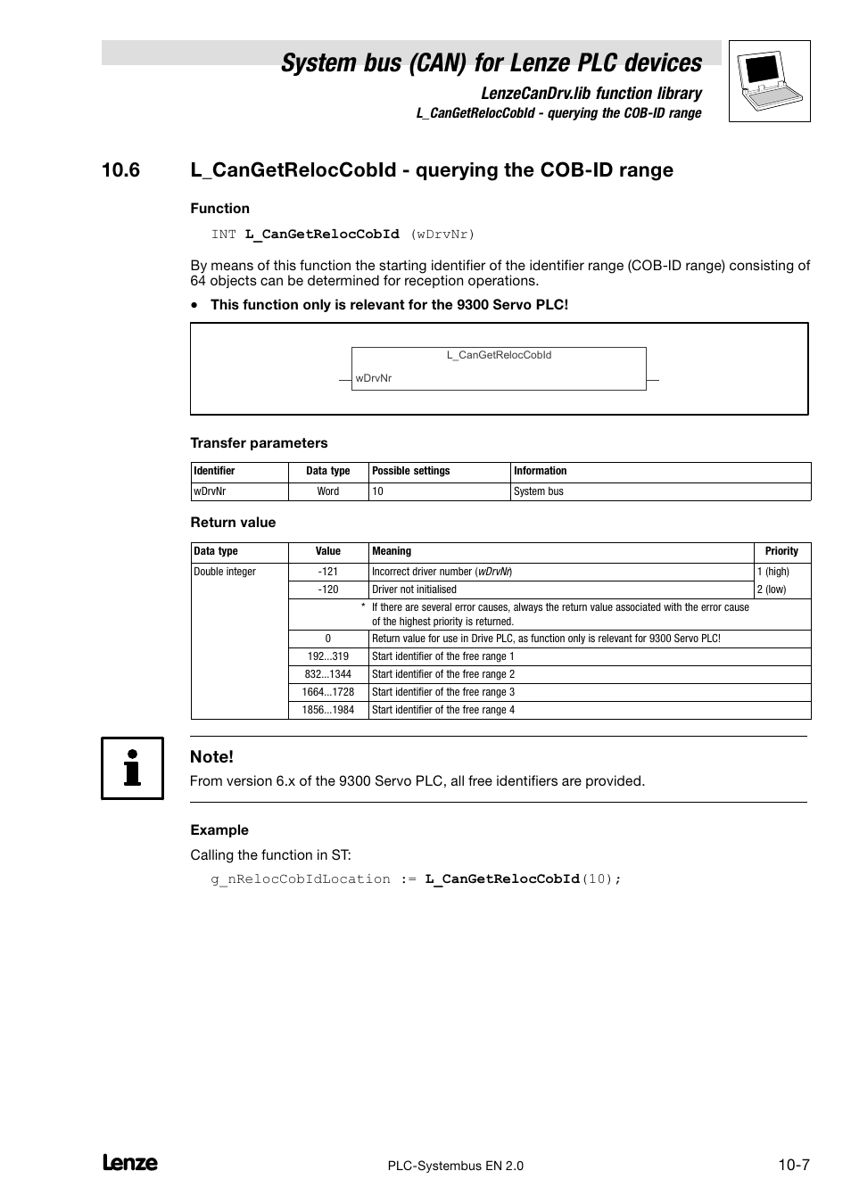 6 l_cangetreloccobid - querying the cob-id range, 6 l_cangetreloccobid − querying the cob−id range, System bus (can) for lenze plc devices | Lenzecandrv.lib function library | Lenze DDS System bus CAN for PLC User Manual | Page 149 / 178