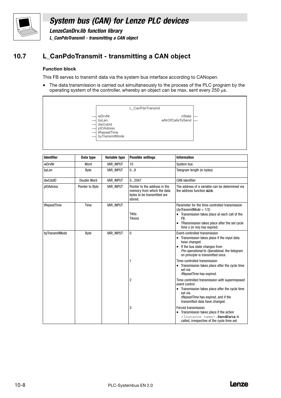 7 l_canpdotransmit - transmitting a can object, 7 l_canpdotransmit − transmitting a can object, System bus (can) for lenze plc devices | Lenzecandrv.lib function library | Lenze DDS System bus CAN for PLC User Manual | Page 150 / 178