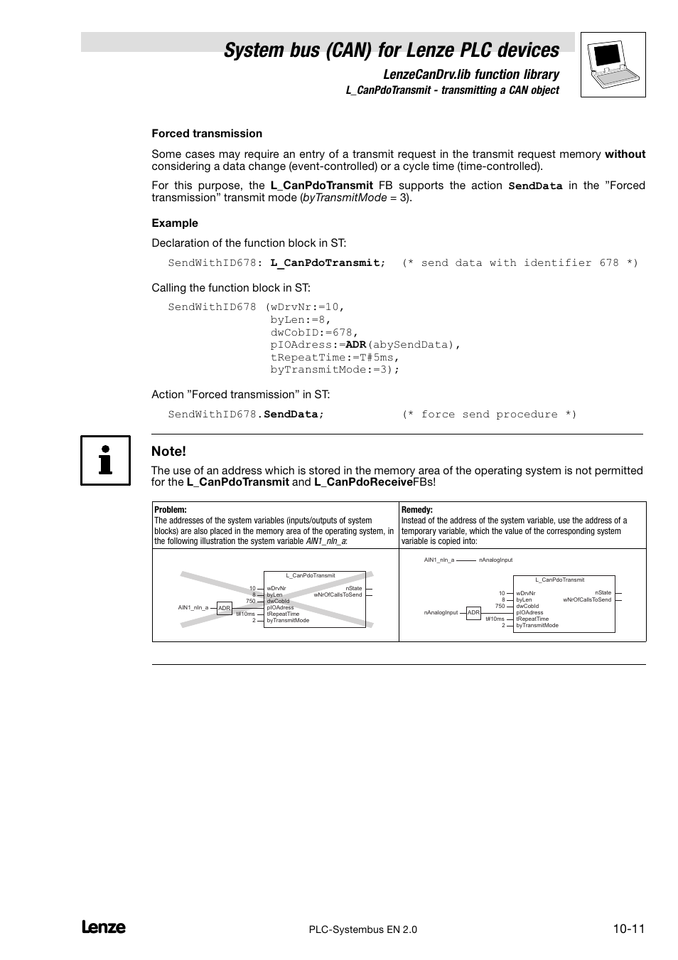 System bus (can) for lenze plc devices, Lenzecandrv.lib function library, 7 l_canpdotransmit − transmitting a can object | Lenze DDS System bus CAN for PLC User Manual | Page 153 / 178
