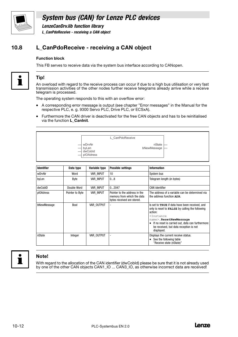 8 l_canpdoreceive - receiving a can object, 8 l_canpdoreceive − receiving a can object, System bus (can) for lenze plc devices | Lenzecandrv.lib function library | Lenze DDS System bus CAN for PLC User Manual | Page 154 / 178