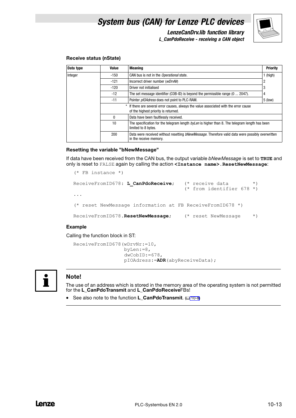 System bus (can) for lenze plc devices, Lenzecandrv.lib function library | Lenze DDS System bus CAN for PLC User Manual | Page 155 / 178
