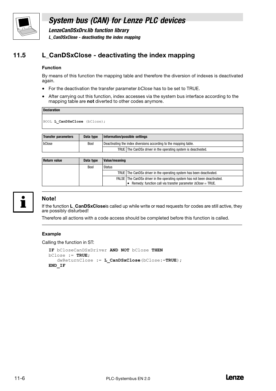 5 l_candsxclose - deactivating the index mapping, 5 l_candsxclose − deactivating the index mapping, System bus (can) for lenze plc devices | Lenzecandsxdrv.lib function library | Lenze DDS System bus CAN for PLC User Manual | Page 162 / 178