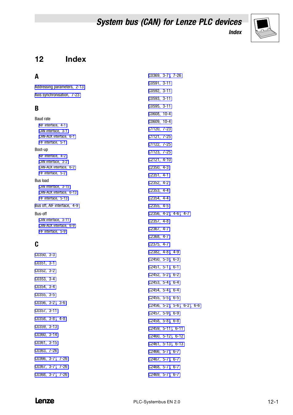 12 index, System bus (can) for lenze plc devices, Index | Lenze DDS System bus CAN for PLC User Manual | Page 173 / 178