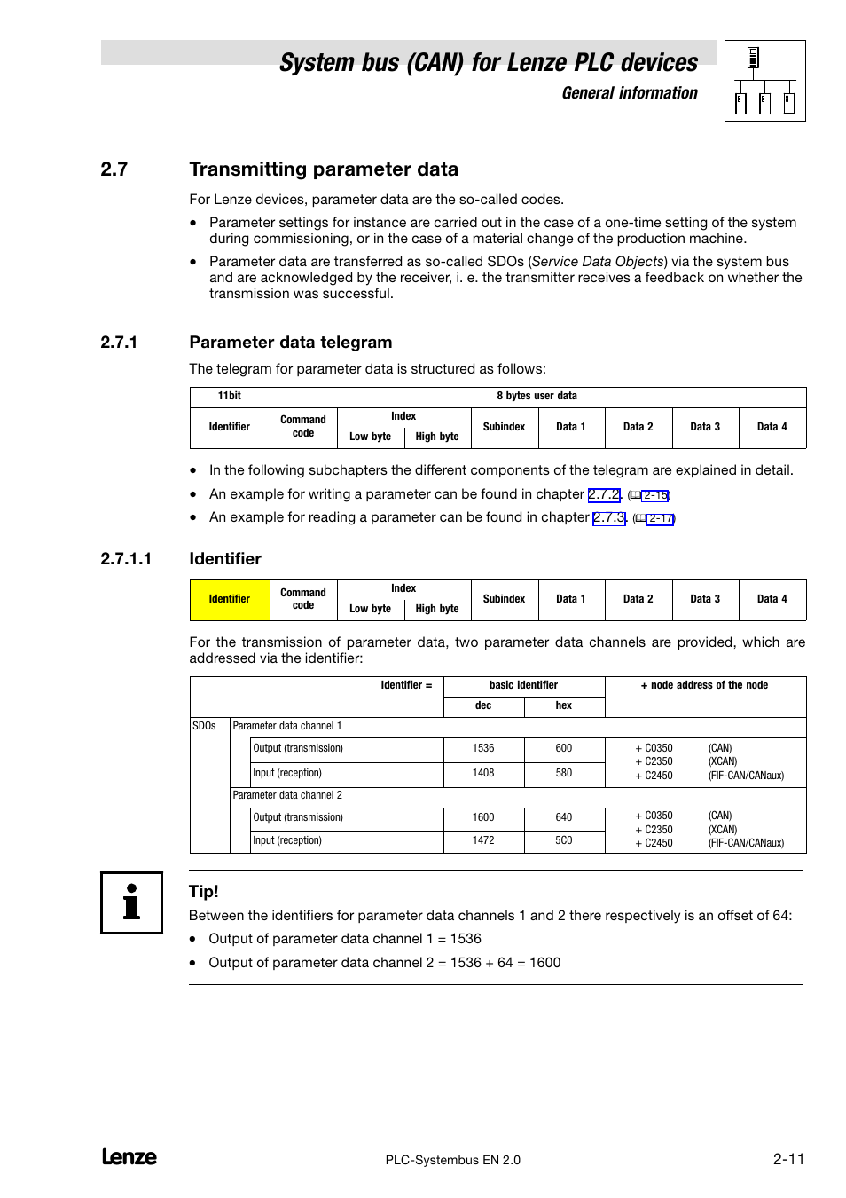 7 transmitting parameter data, 1 parameter data telegram, Transmitting parameter data | Parameter data telegram, Pter 2.7, System bus (can) for lenze plc devices, General information, 1 identifier | Lenze DDS System bus CAN for PLC User Manual | Page 23 / 178