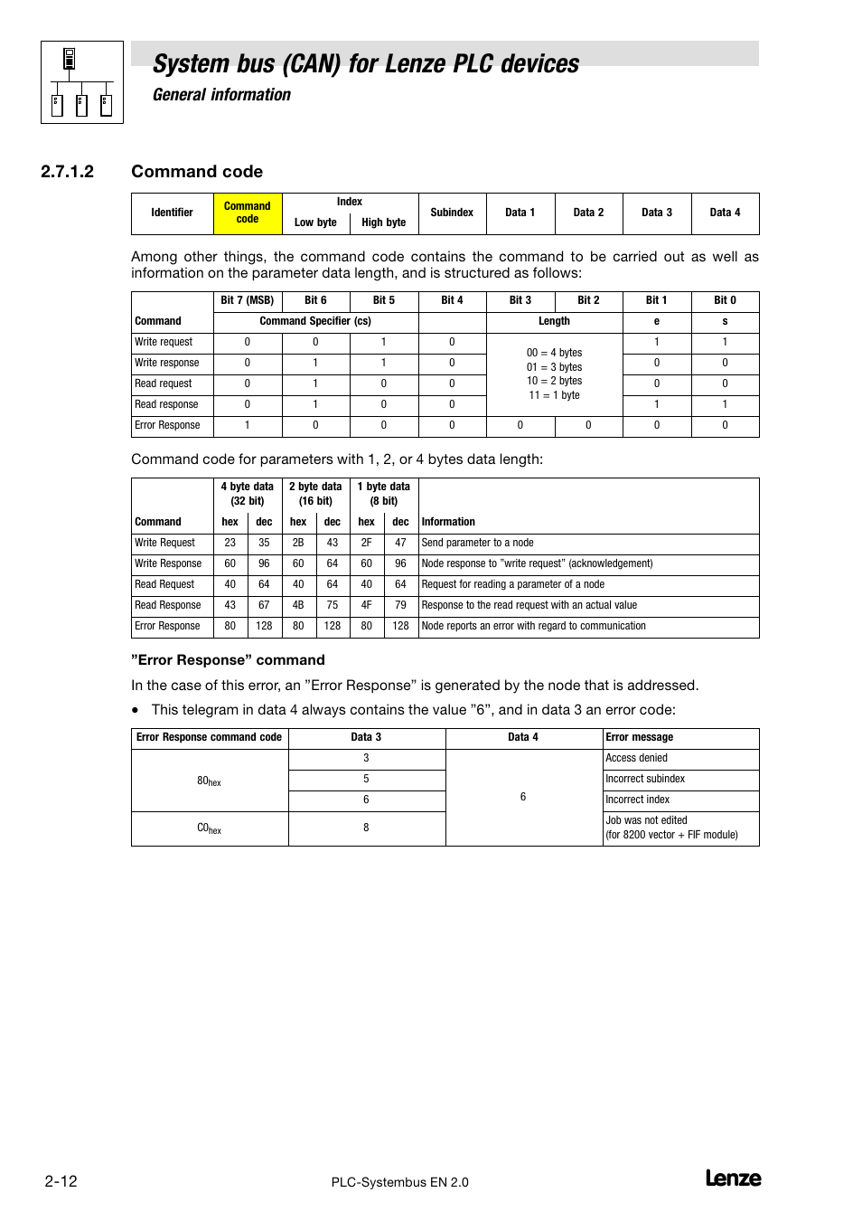 System bus (can) for lenze plc devices, General information, 2 command code | Lenze DDS System bus CAN for PLC User Manual | Page 24 / 178