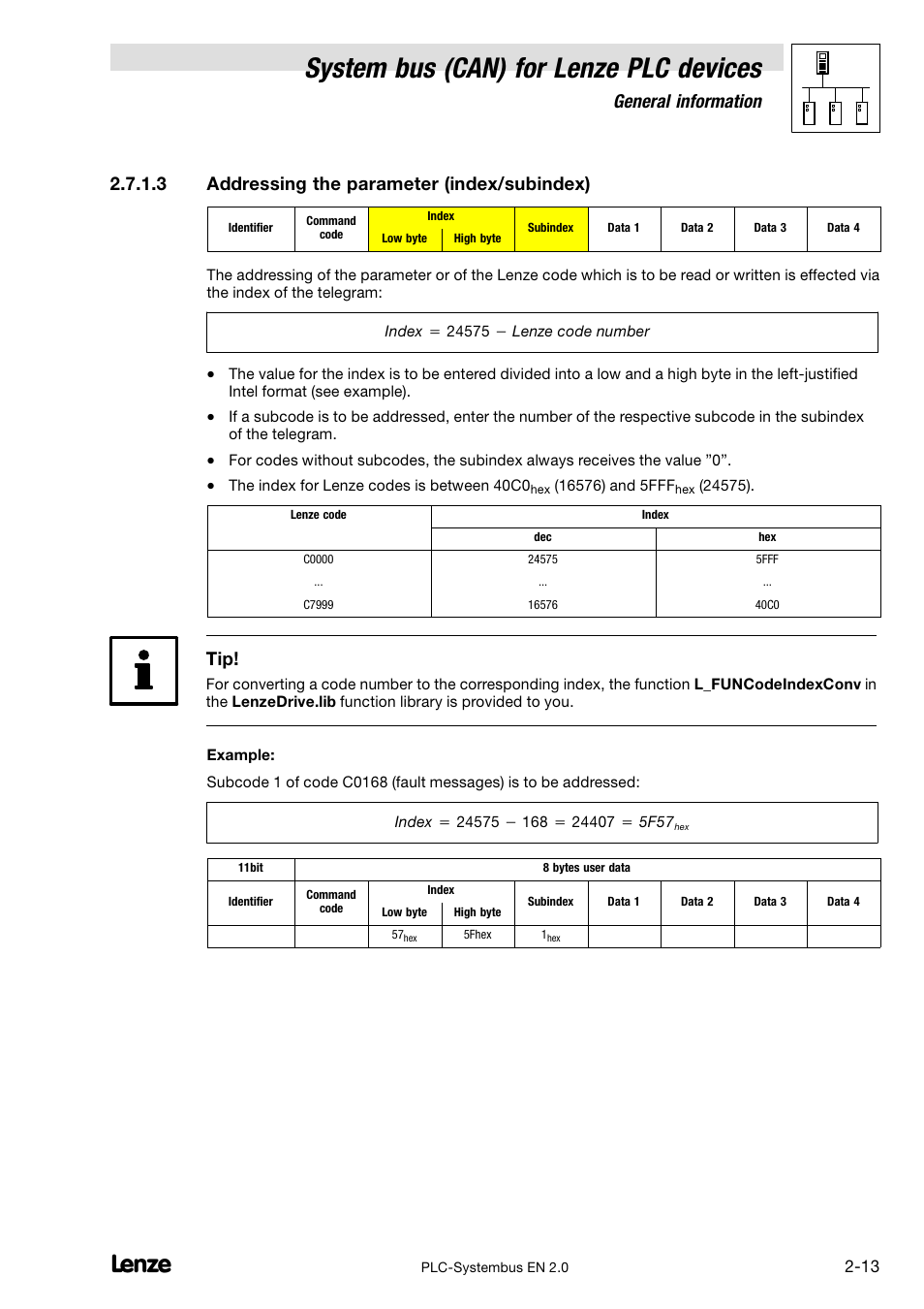 System bus (can) for lenze plc devices, General information, 3 addressing the parameter (index/subindex) | Lenze DDS System bus CAN for PLC User Manual | Page 25 / 178