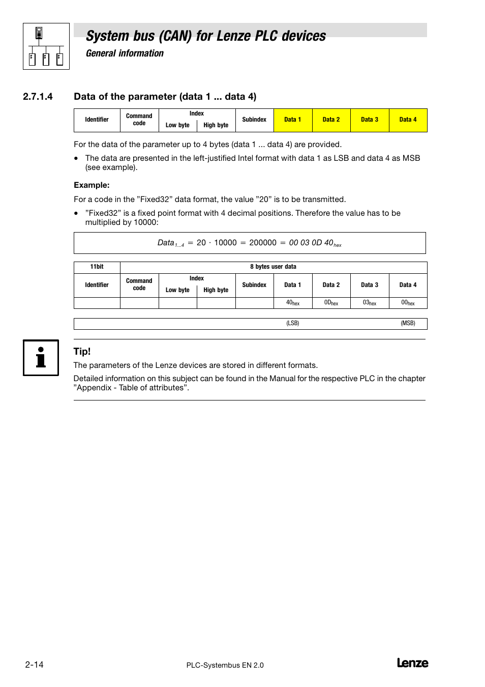 System bus (can) for lenze plc devices, General information, 4 data of the parameter (data 1 ... data 4) | Lenze DDS System bus CAN for PLC User Manual | Page 26 / 178