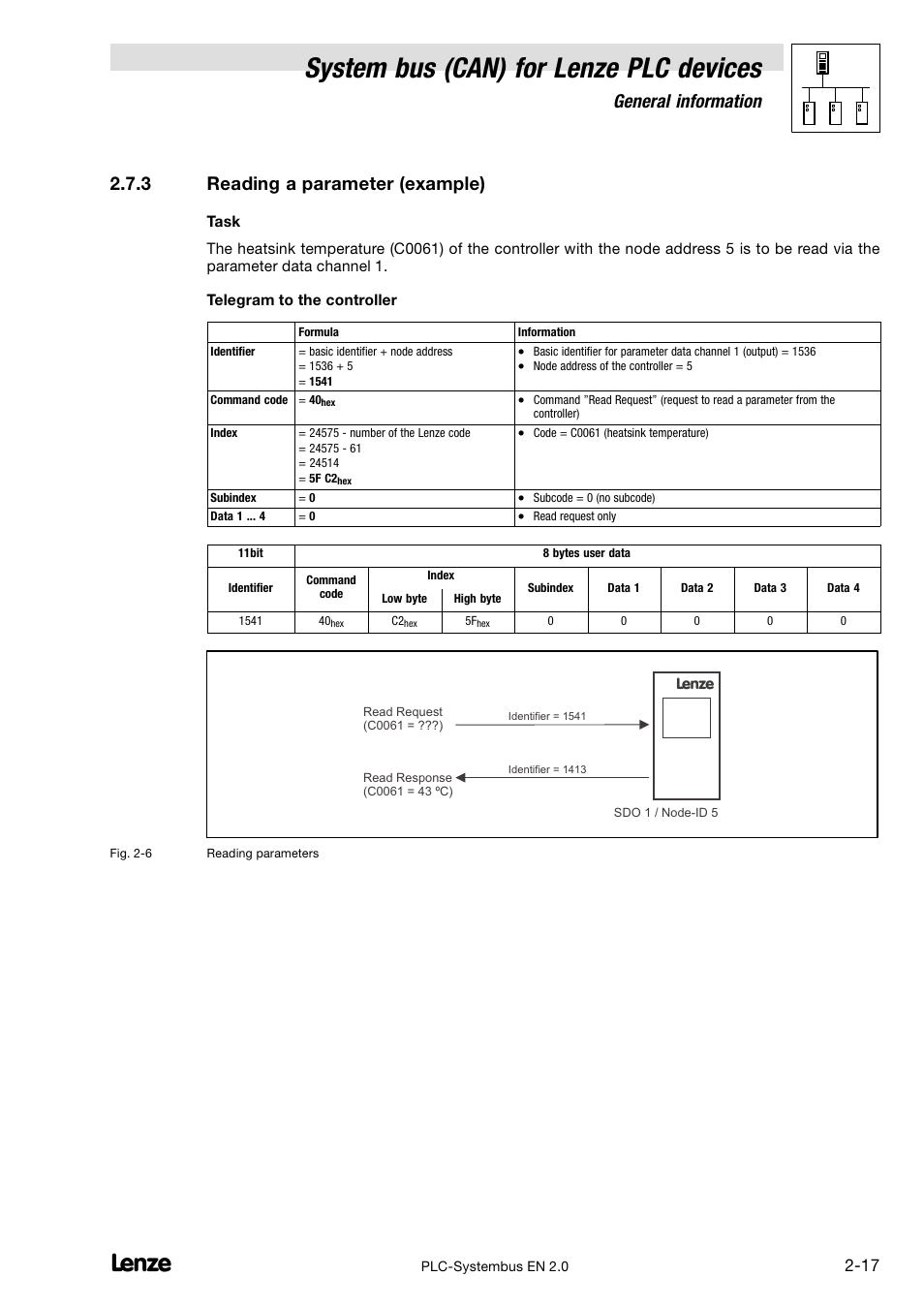 3 reading a parameter (example), Reading a parameter (example), Eading a parameter can be found in chapter 2.7.3 | System bus (can) for lenze plc devices, General information | Lenze DDS System bus CAN for PLC User Manual | Page 29 / 178