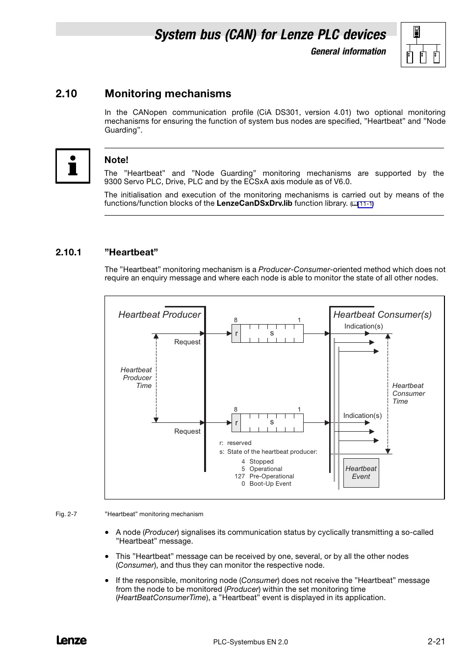 10 monitoring mechanisms, 1 "heartbeat, Heartbeat | System bus (can) for lenze plc devices, General information, Heartbeat producer heartbeat consumer(s) | Lenze DDS System bus CAN for PLC User Manual | Page 33 / 178