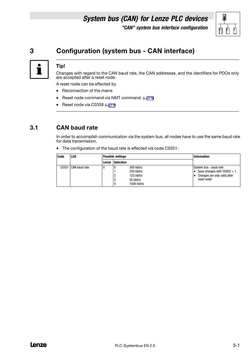 3 configuration (system bus - can interface), 1 can baud rate, 3 configuration (system bus − can interface) | Can baud rate, Pter 3, "configura, System bus (can) for lenze plc devices, 3configuration (system bus − can interface), Can" system bus interface configuration | Lenze DDS System bus CAN for PLC User Manual | Page 35 / 178