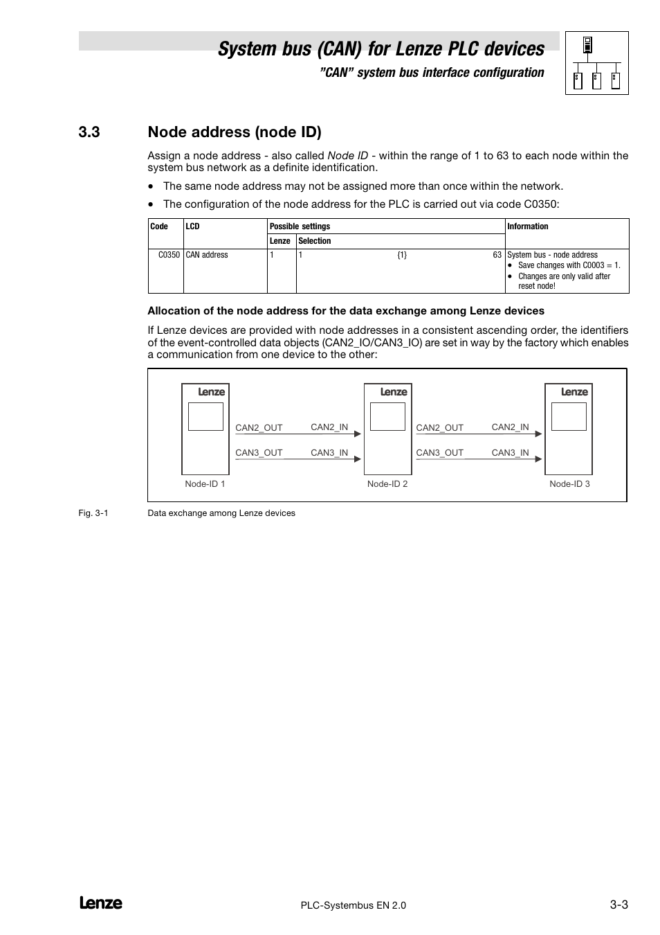 3 node address (node id), Node address (node id), System bus (can) for lenze plc devices | Can" system bus interface configuration | Lenze DDS System bus CAN for PLC User Manual | Page 37 / 178