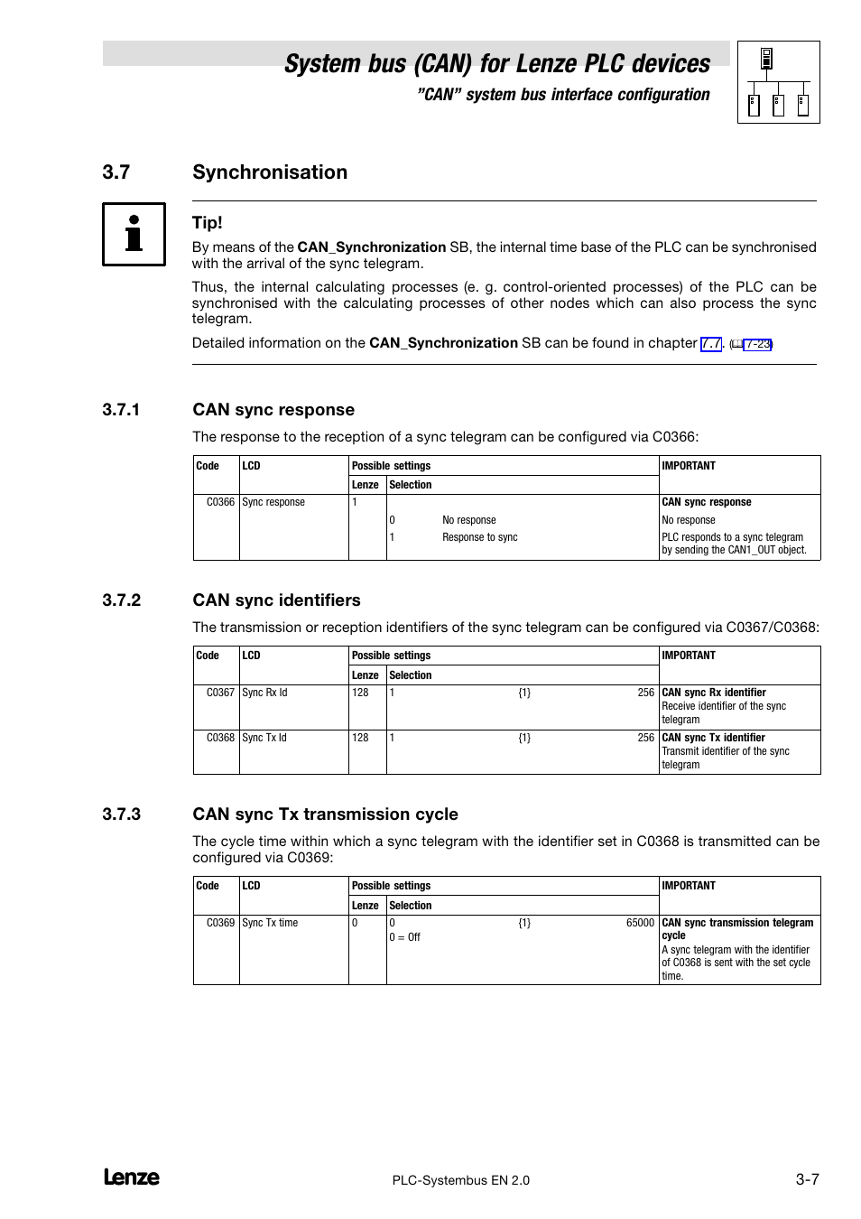 7 synchronisation, 1 can sync response, 2 can sync identifiers | 3 can sync tx transmission cycle, Synchronisation, Can sync response, Can sync identifiers, Can sync tx transmission cycle, System bus (can) for lenze plc devices, Can" system bus interface configuration | Lenze DDS System bus CAN for PLC User Manual | Page 41 / 178