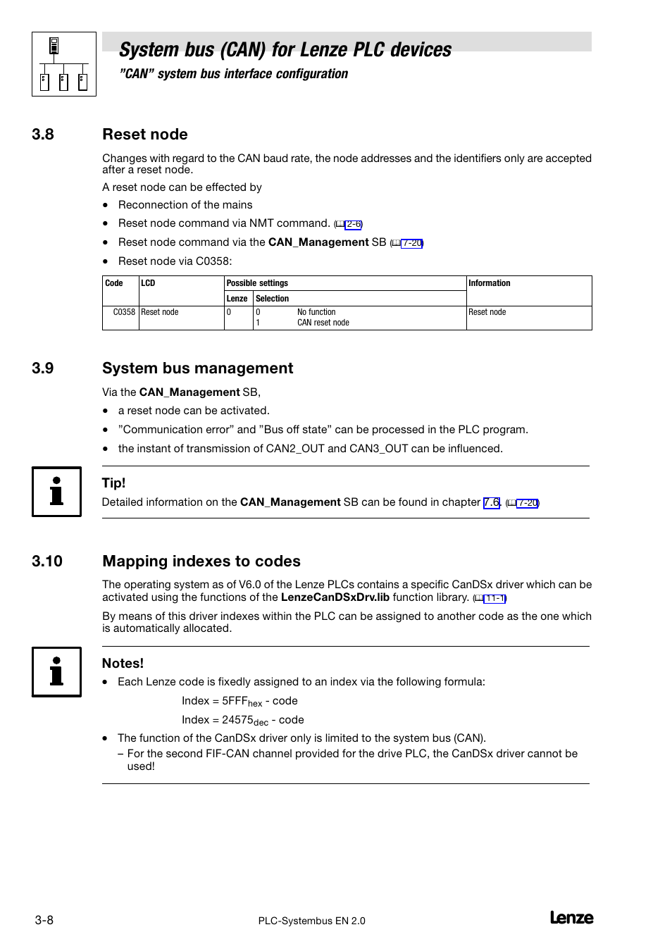8 reset node, 9 system bus management, 10 mapping indexes to codes | Reset node, System bus management, System bus (can) for lenze plc devices | Lenze DDS System bus CAN for PLC User Manual | Page 42 / 178