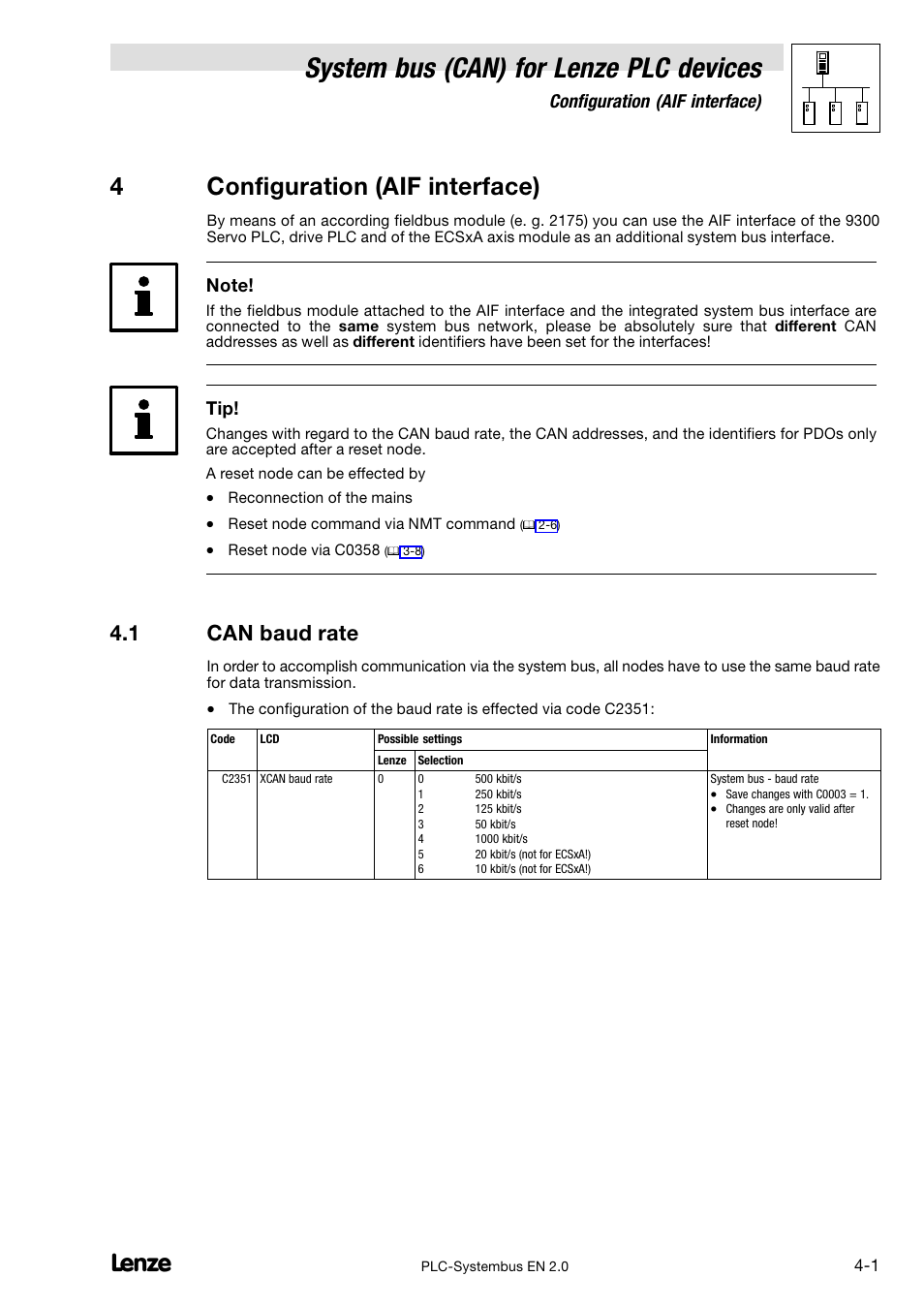 4 configuration (aif interface), 1 can baud rate, Can baud rate | System bus (can) for lenze plc devices, 4configuration (aif interface), Configuration (aif interface) | Lenze DDS System bus CAN for PLC User Manual | Page 51 / 178