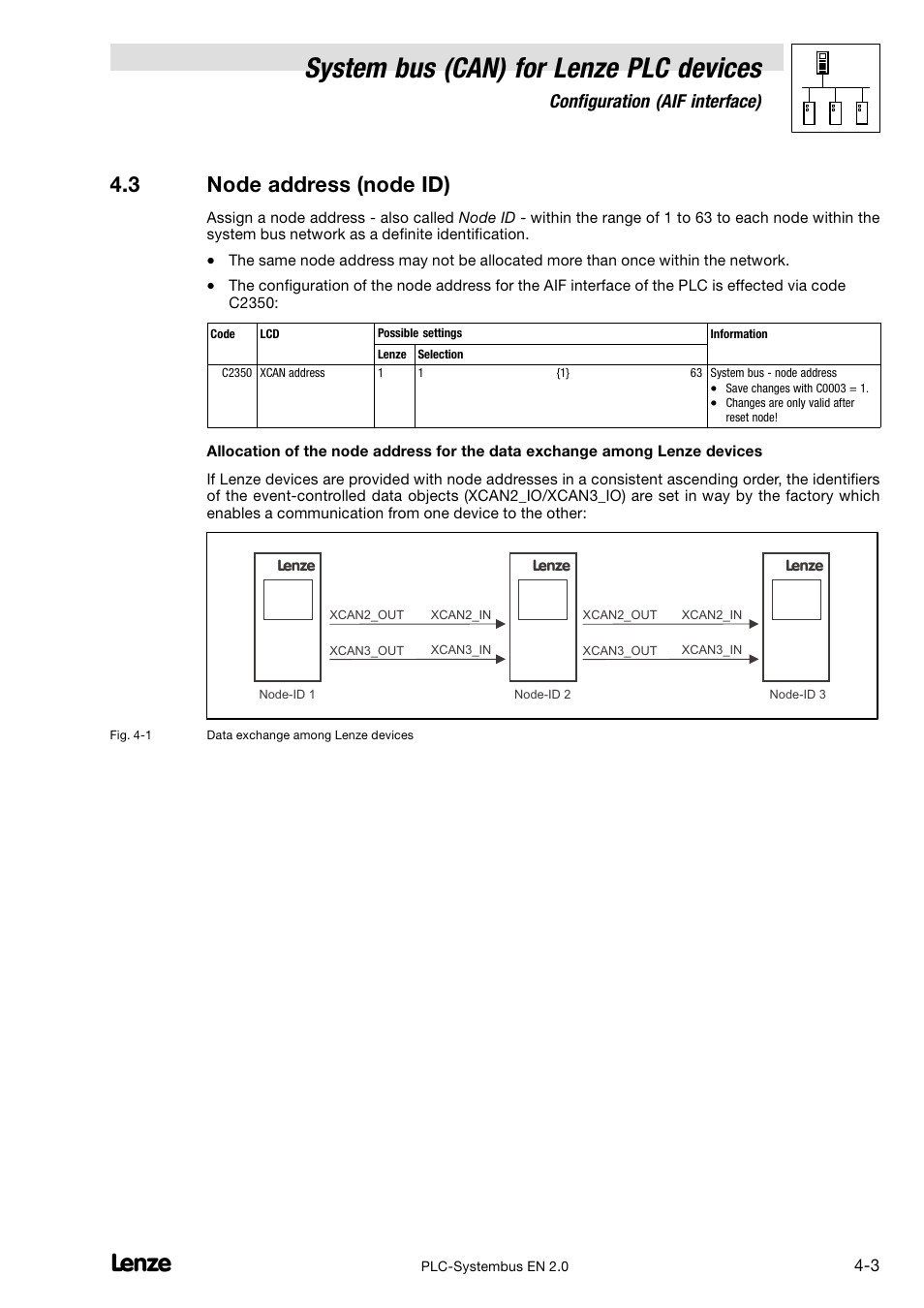 3 node address (node id), Node address (node id), System bus (can) for lenze plc devices | Configuration (aif interface) | Lenze DDS System bus CAN for PLC User Manual | Page 53 / 178