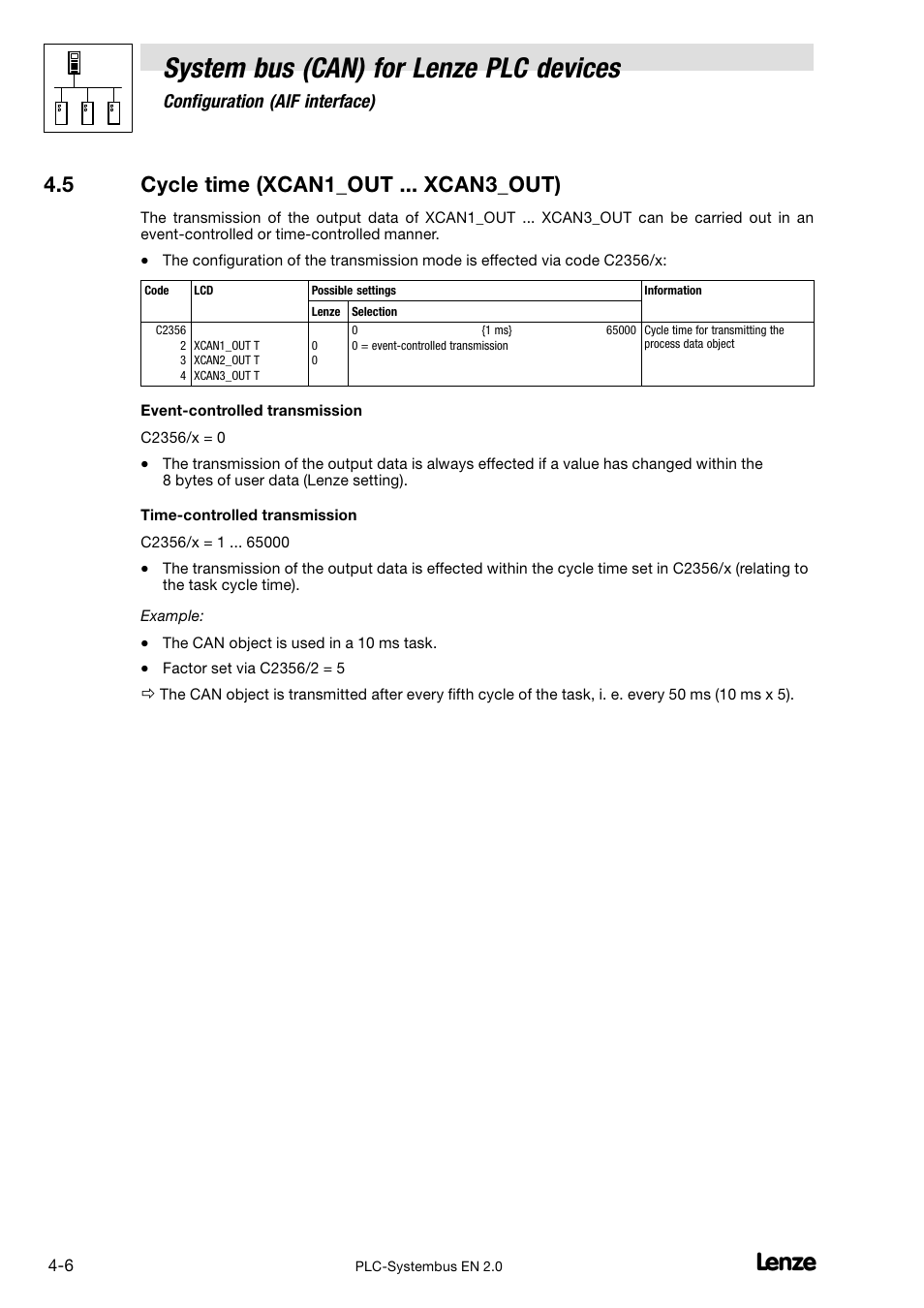 5 cycle time (xcan1_out ... xcan3_out), Cycle time (xcan1_out ... xcan3_out), System bus (can) for lenze plc devices | Configuration (aif interface) | Lenze DDS System bus CAN for PLC User Manual | Page 56 / 178