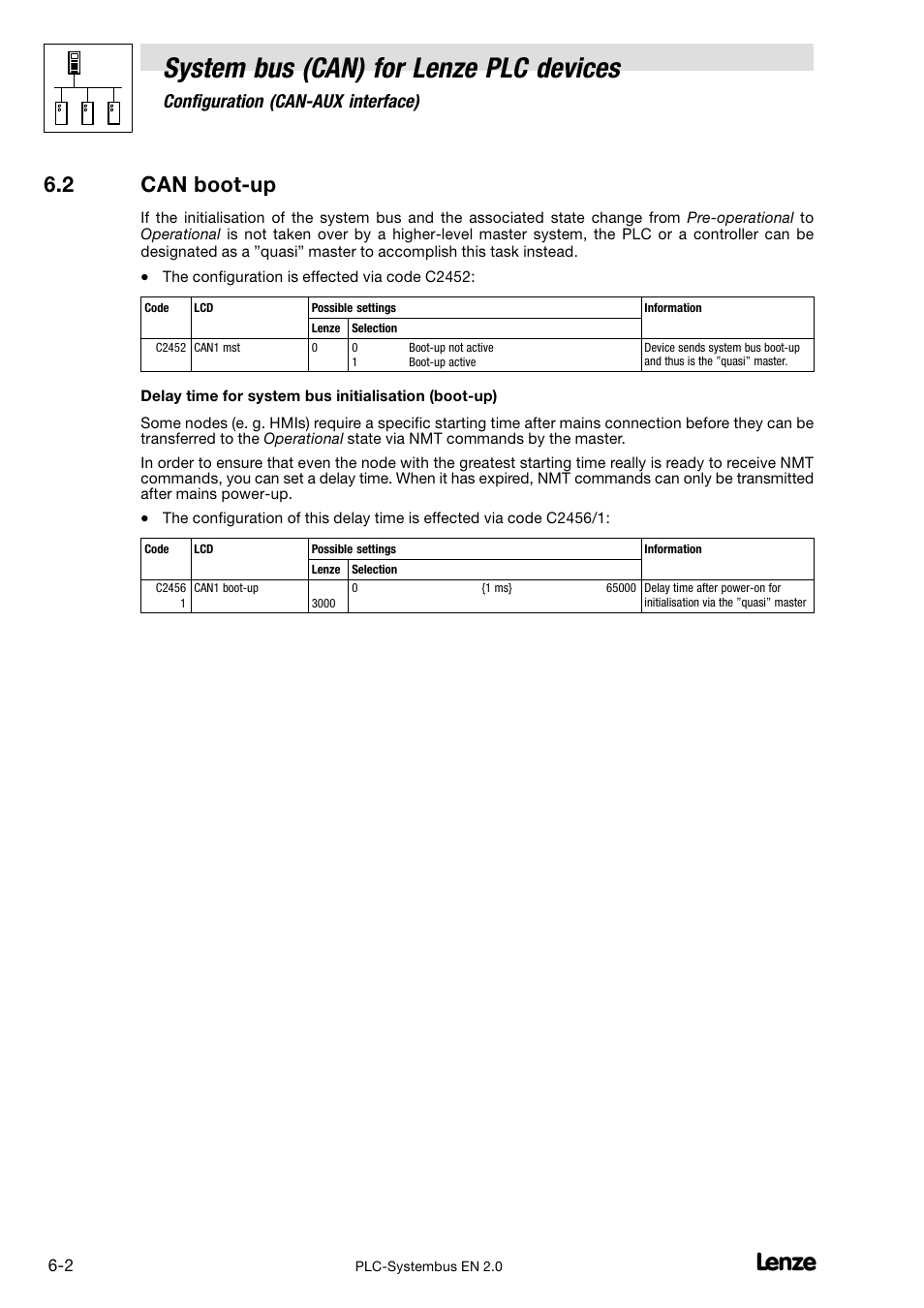 2 can boot-up, Can boot−up, System bus (can) for lenze plc devices | 2 can boot−up, Configuration (can−aux interface) | Lenze DDS System bus CAN for PLC User Manual | Page 76 / 178