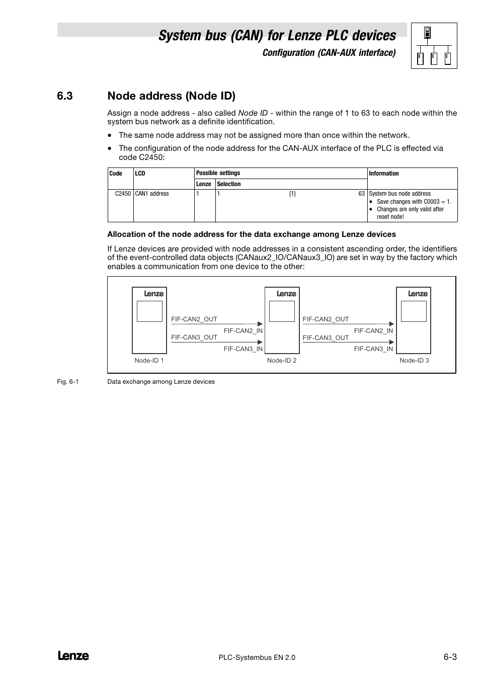 3 node address (node id), Node address (node id), System bus (can) for lenze plc devices | Configuration (can−aux interface) | Lenze DDS System bus CAN for PLC User Manual | Page 77 / 178