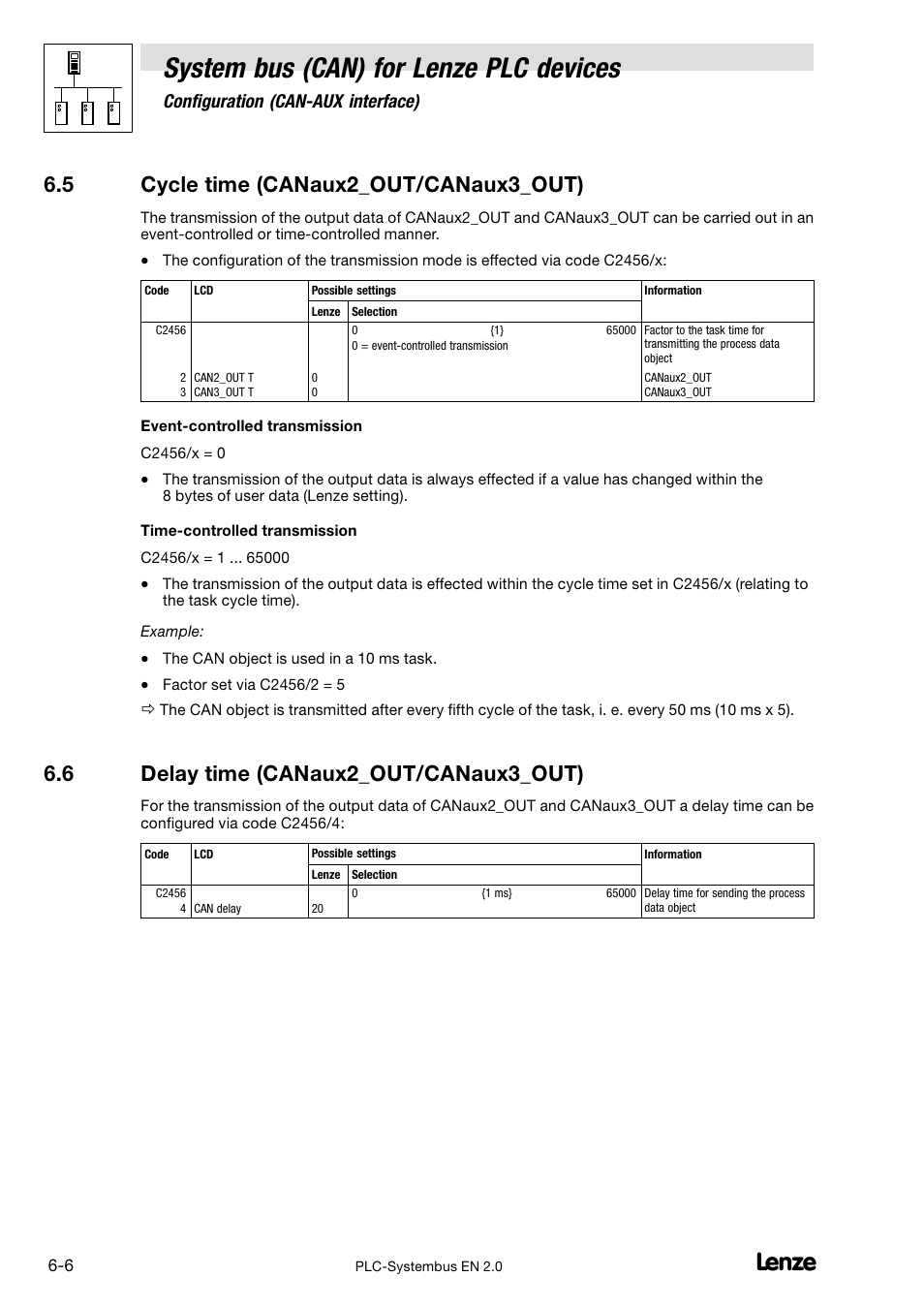 5 cycle time (canaux2_out/canaux3_out), 6 delay time (canaux2_out/canaux3_out), Cycle time (canaux2_out/canaux3_out) | Delay time (canaux2_out/canaux3_out), System bus (can) for lenze plc devices, Configuration (can−aux interface) | Lenze DDS System bus CAN for PLC User Manual | Page 80 / 178