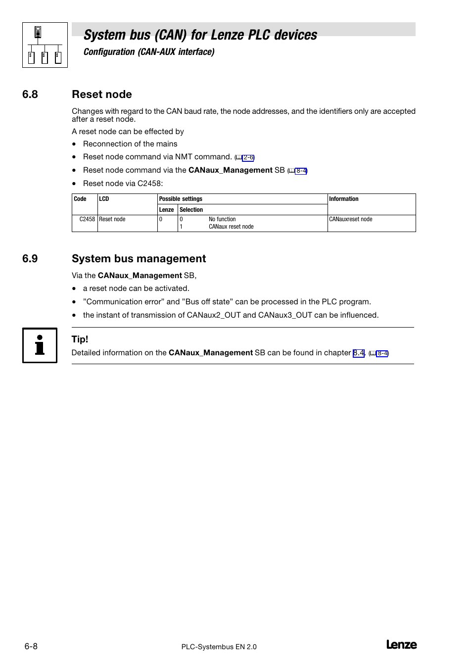 8 reset node, 9 system bus management, Reset node | System bus management, System bus (can) for lenze plc devices | Lenze DDS System bus CAN for PLC User Manual | Page 82 / 178
