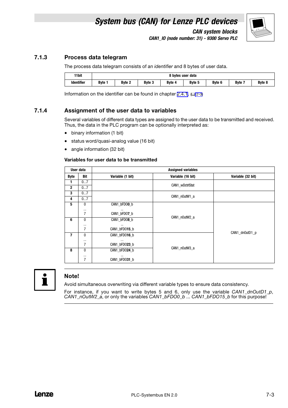 3 process data telegram, 4 assignment of the user data to variables, Process data telegram | Assignment of the user data to variables, System bus (can) for lenze plc devices, Can system blocks | Lenze DDS System bus CAN for PLC User Manual | Page 91 / 178