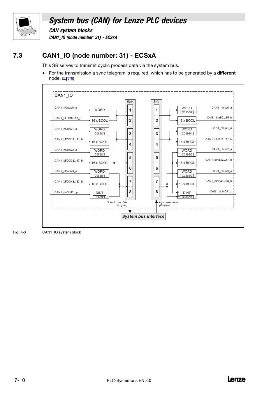3 can1_io (node number: 31) - ecsxa, Can1_io (node number: 31) − ecsxa, Pter 7.3 | System bus (can) for lenze plc devices, Can system blocks, 3 can1_io (node number: 31) − ecsxa | Lenze DDS System bus CAN for PLC User Manual | Page 98 / 178