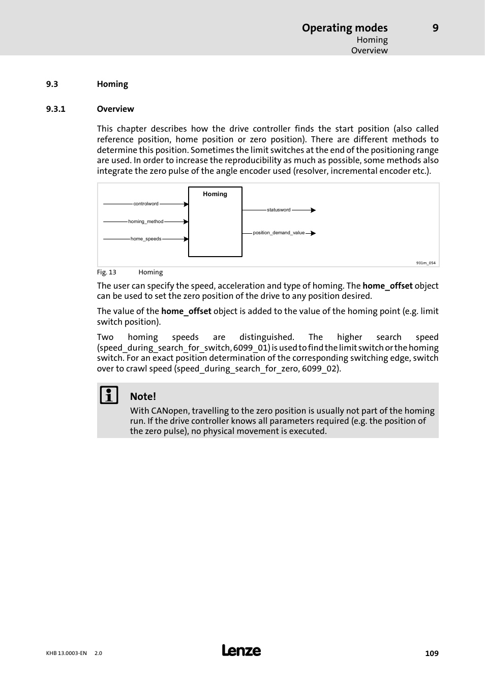 3 homing, 1 overview, Overview | Operating modes | Lenze 931M-931W User Manual | Page 109 / 158