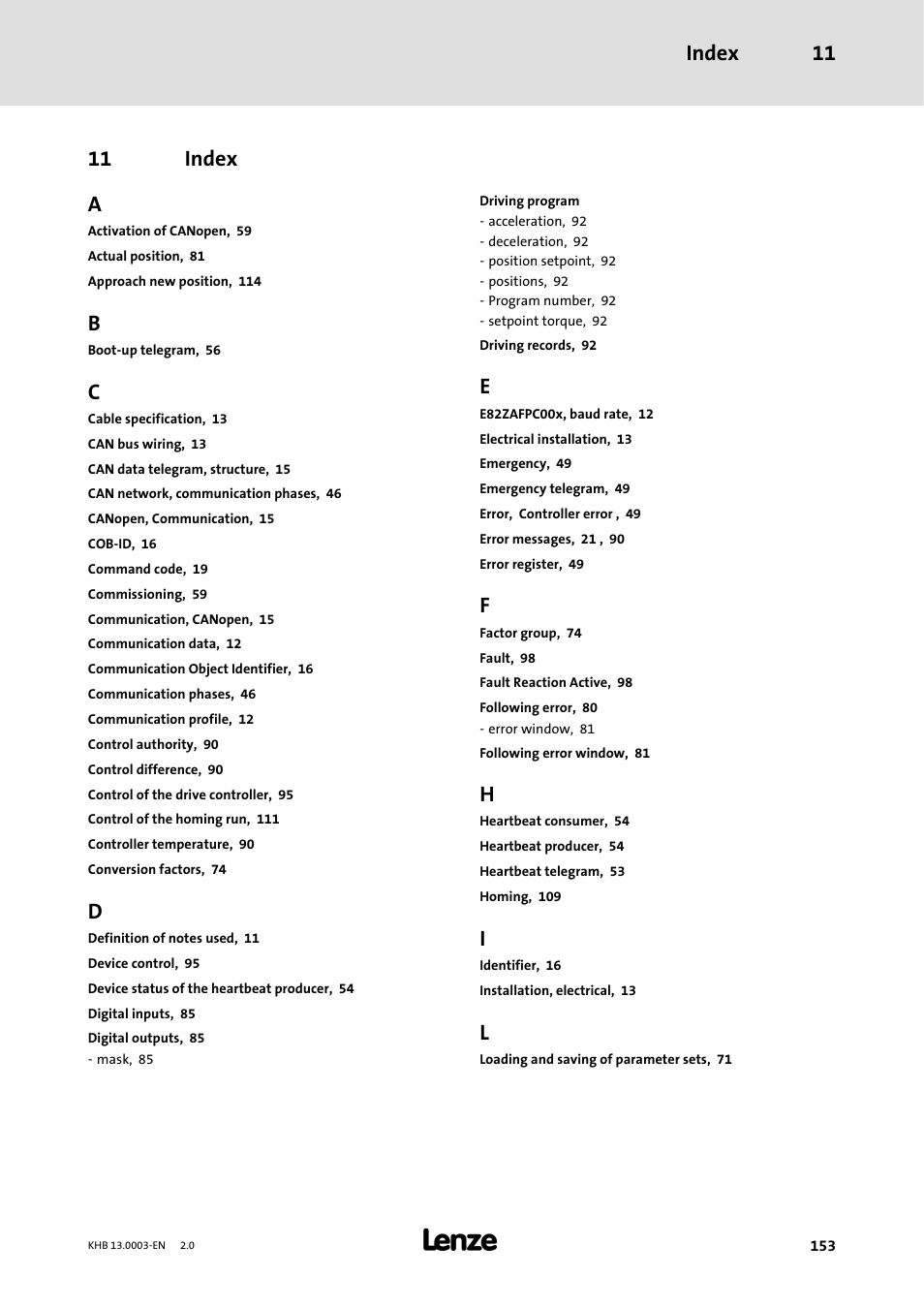 11 index, Index, Index 11 | 11 index a | Lenze 931M-931W User Manual | Page 153 / 158