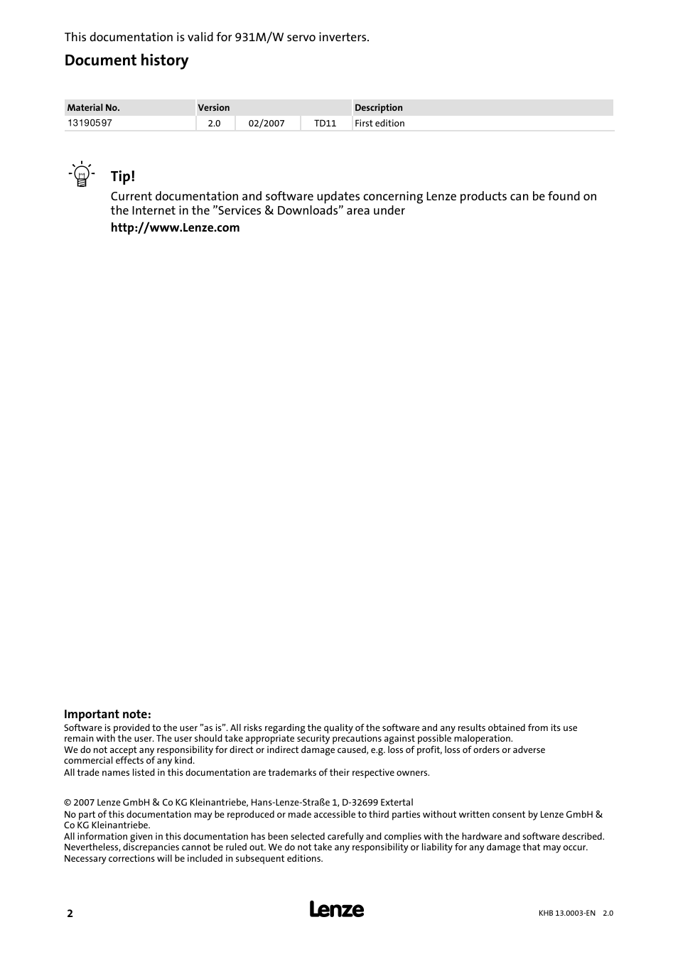 Document history | Lenze 931M-931W User Manual | Page 2 / 158