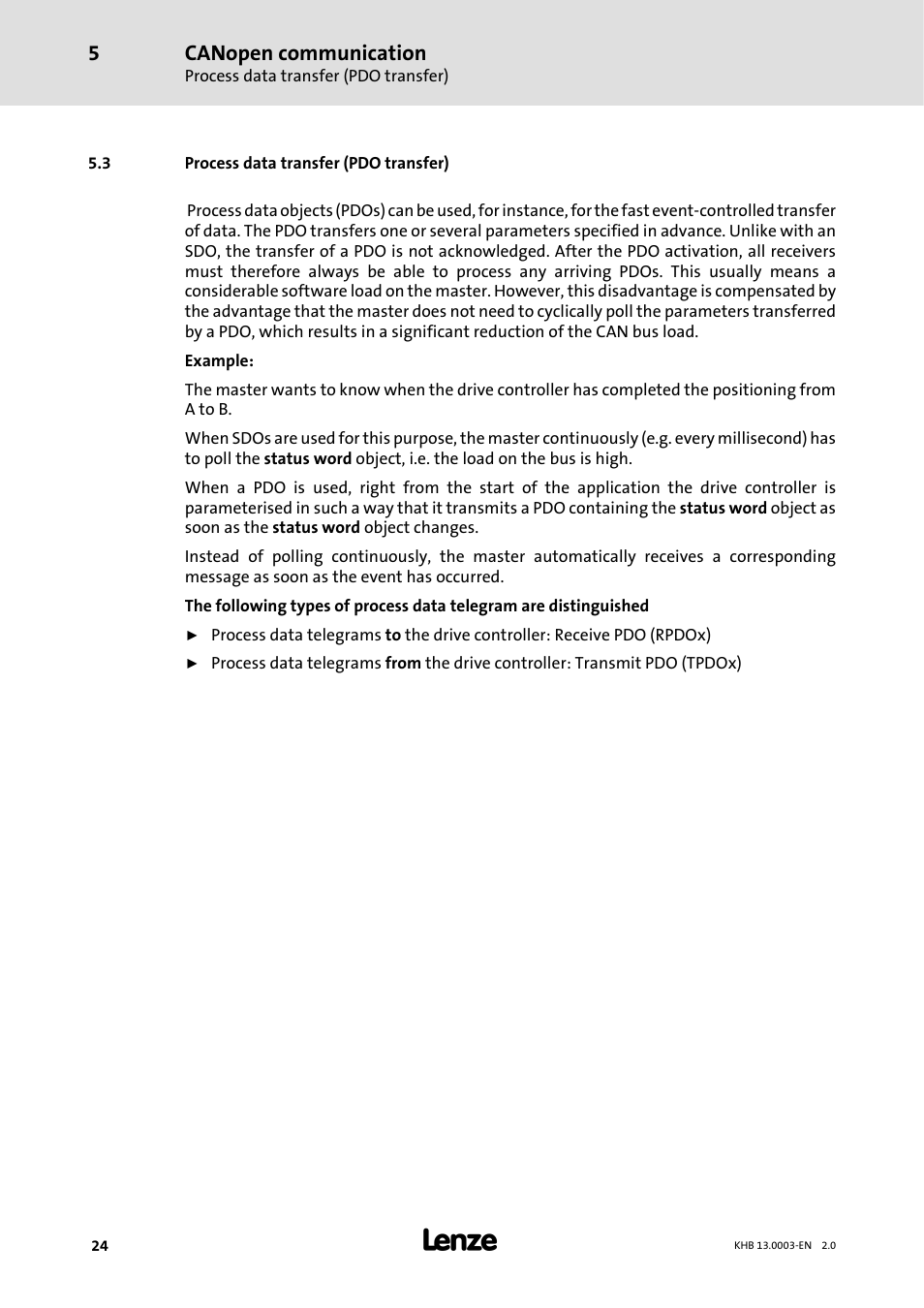 3 process data transfer ( pdo transfer), 3 process data transfer (pdo transfer), Canopen communication | Lenze 931M-931W User Manual | Page 24 / 158