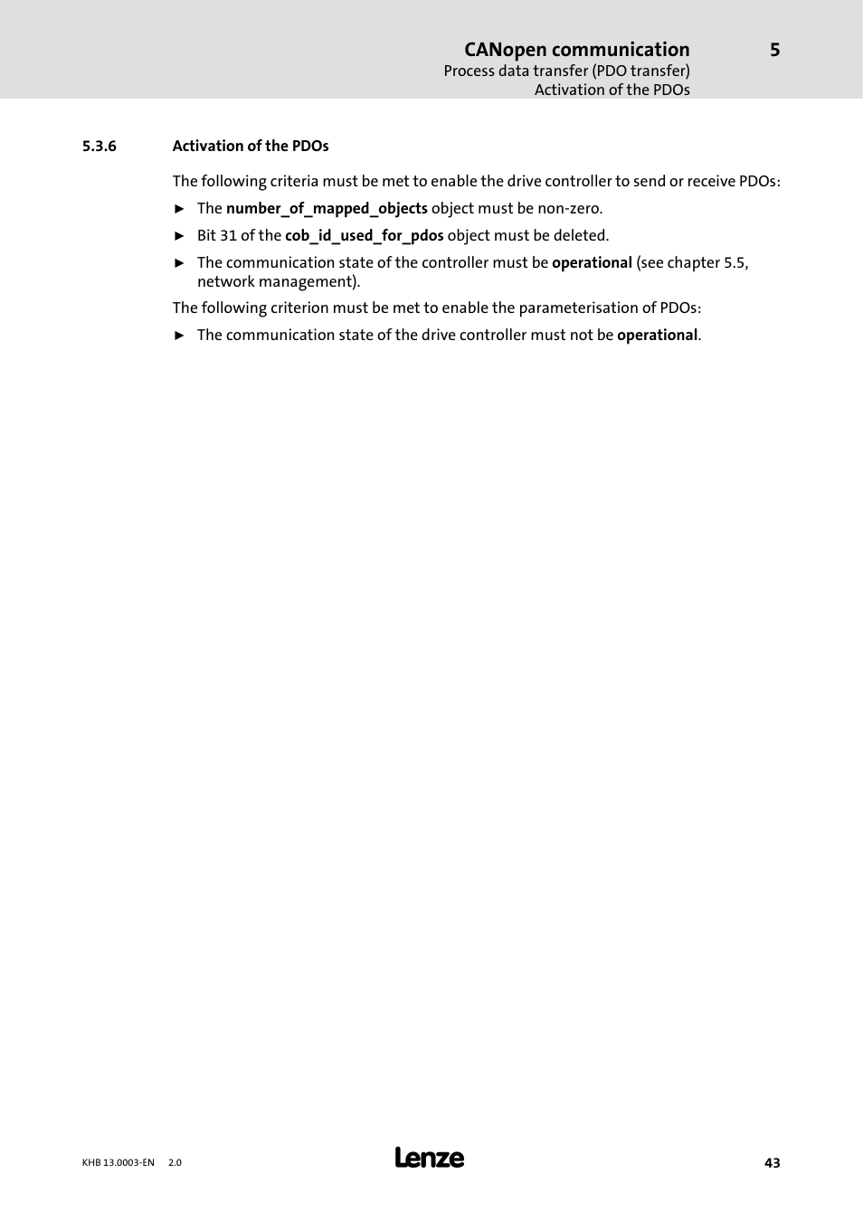 6 activation of the pdos, Activation of the pdos, Canopen communication | Lenze 931M-931W User Manual | Page 43 / 158