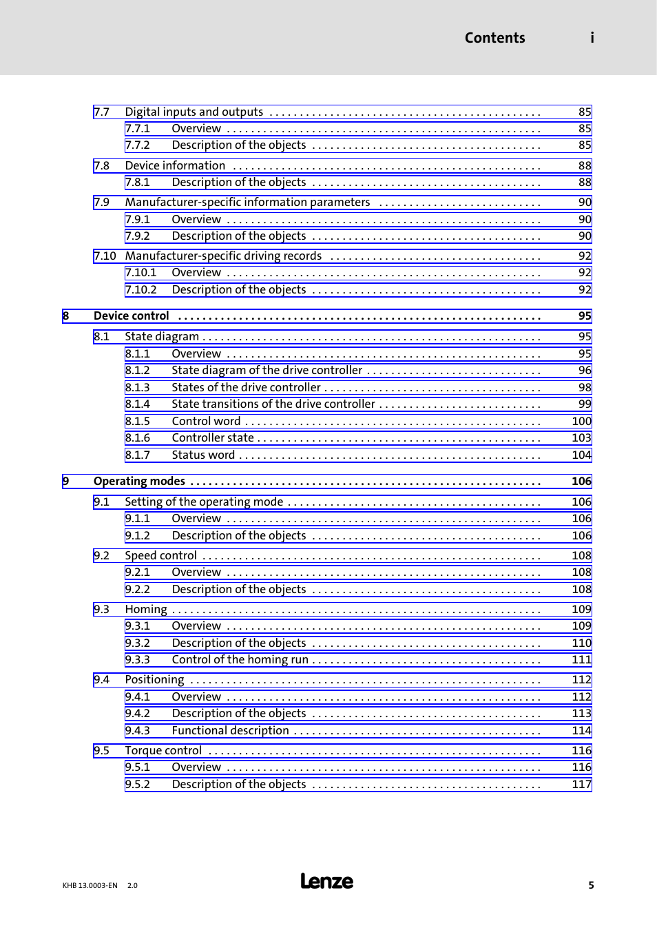 Contents i | Lenze 931M-931W User Manual | Page 5 / 158