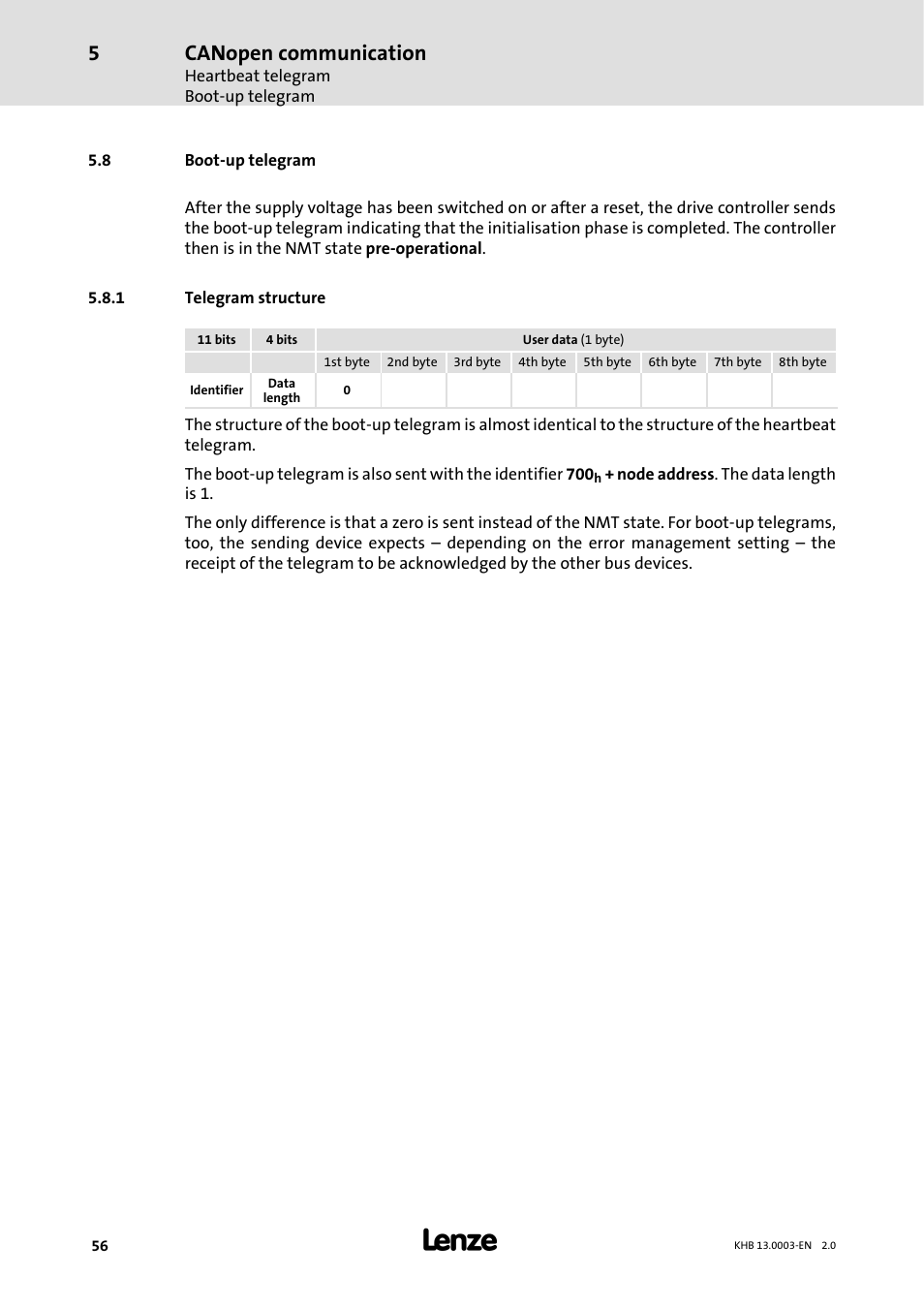 8 boot-up telegram, 1 telegram structure, Telegram structure | Canopen communication | Lenze 931M-931W User Manual | Page 56 / 158