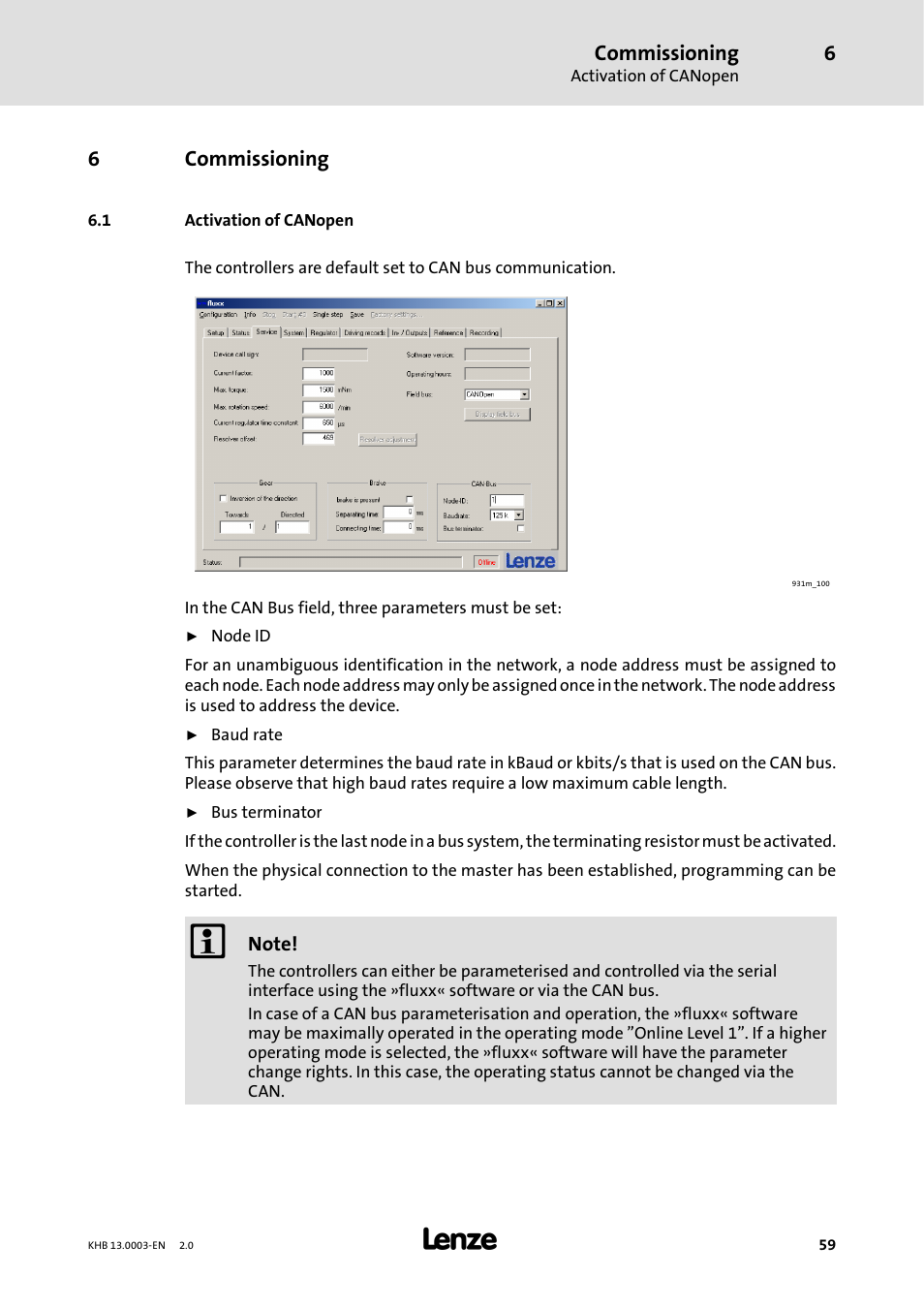 6 commissioning, 1 activation of canopen, Commissioning | 6commissioning | Lenze 931M-931W User Manual | Page 59 / 158