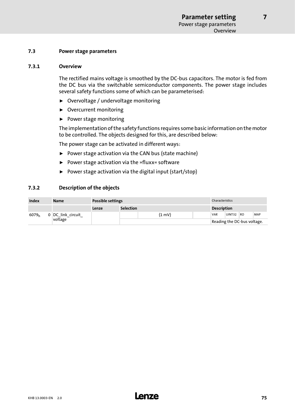 3 power stage parameters, 1 overview, 2 description of the objects | Overview, Description of the objects, Parameter setting | Lenze 931M-931W User Manual | Page 75 / 158