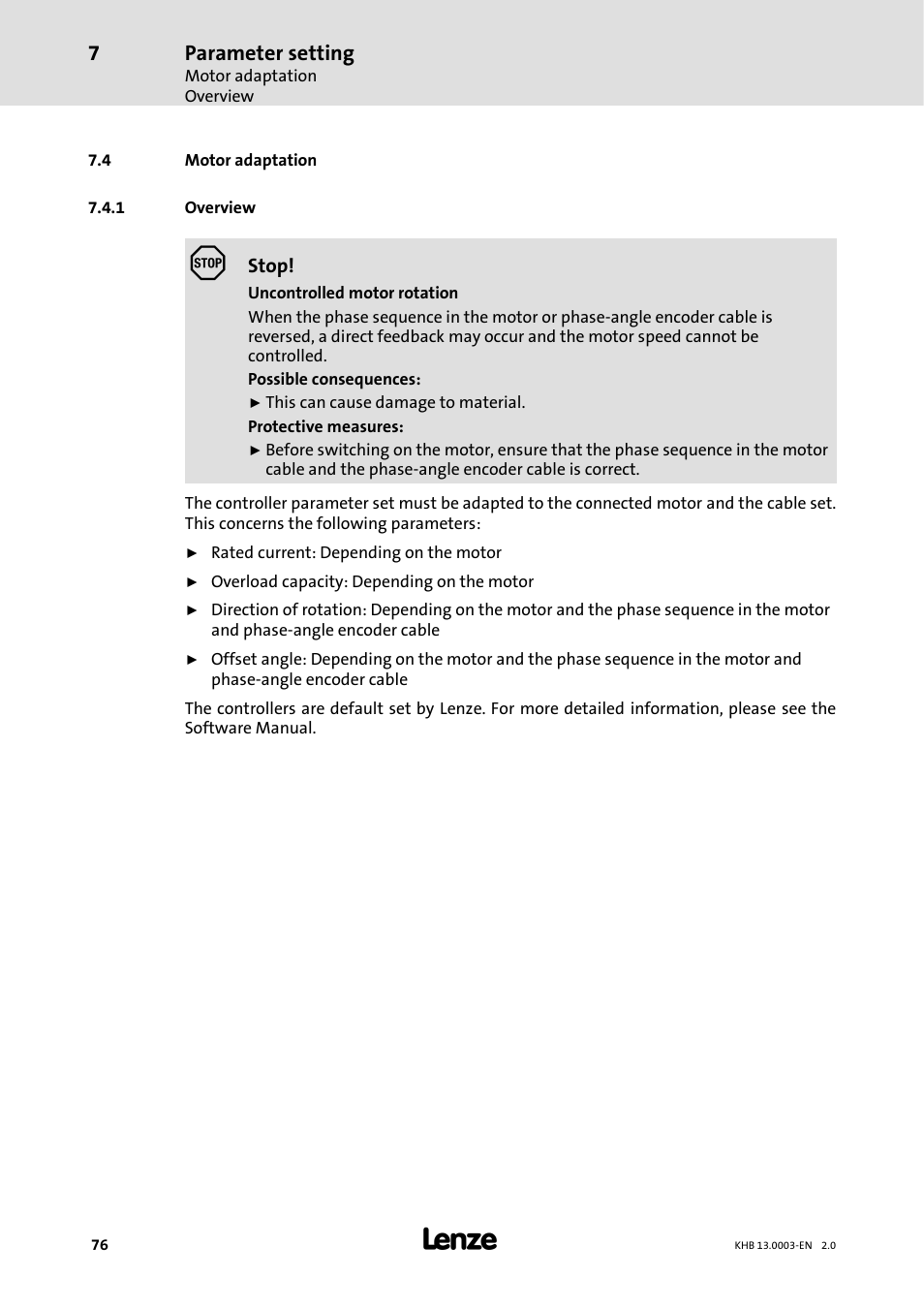 4 motor adaptation, 1 overview, Overview | Parameter setting | Lenze 931M-931W User Manual | Page 76 / 158