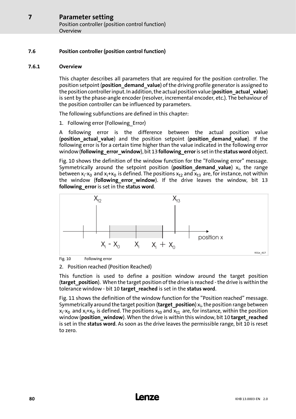 6 position controller ( position control function), 1 overview, 6 position controller (position control function) | Overview, X - x, X + x, Parameter setting | Lenze 931M-931W User Manual | Page 80 / 158