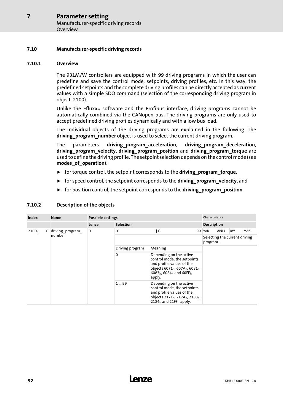 10 manufacturer-specific driving records, 1 overview, 2 description of the objects | Parameter setting | Lenze 931M-931W User Manual | Page 92 / 158