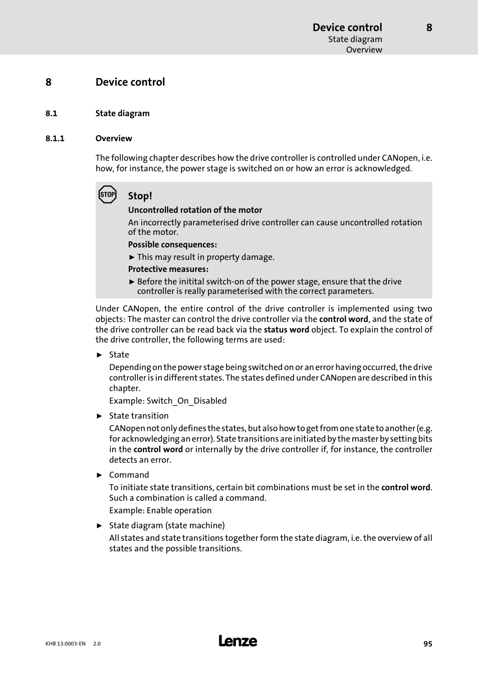 8 device control, 1 state diagram, 1 overview | Device control, Overview, 8device control | Lenze 931M-931W User Manual | Page 95 / 158