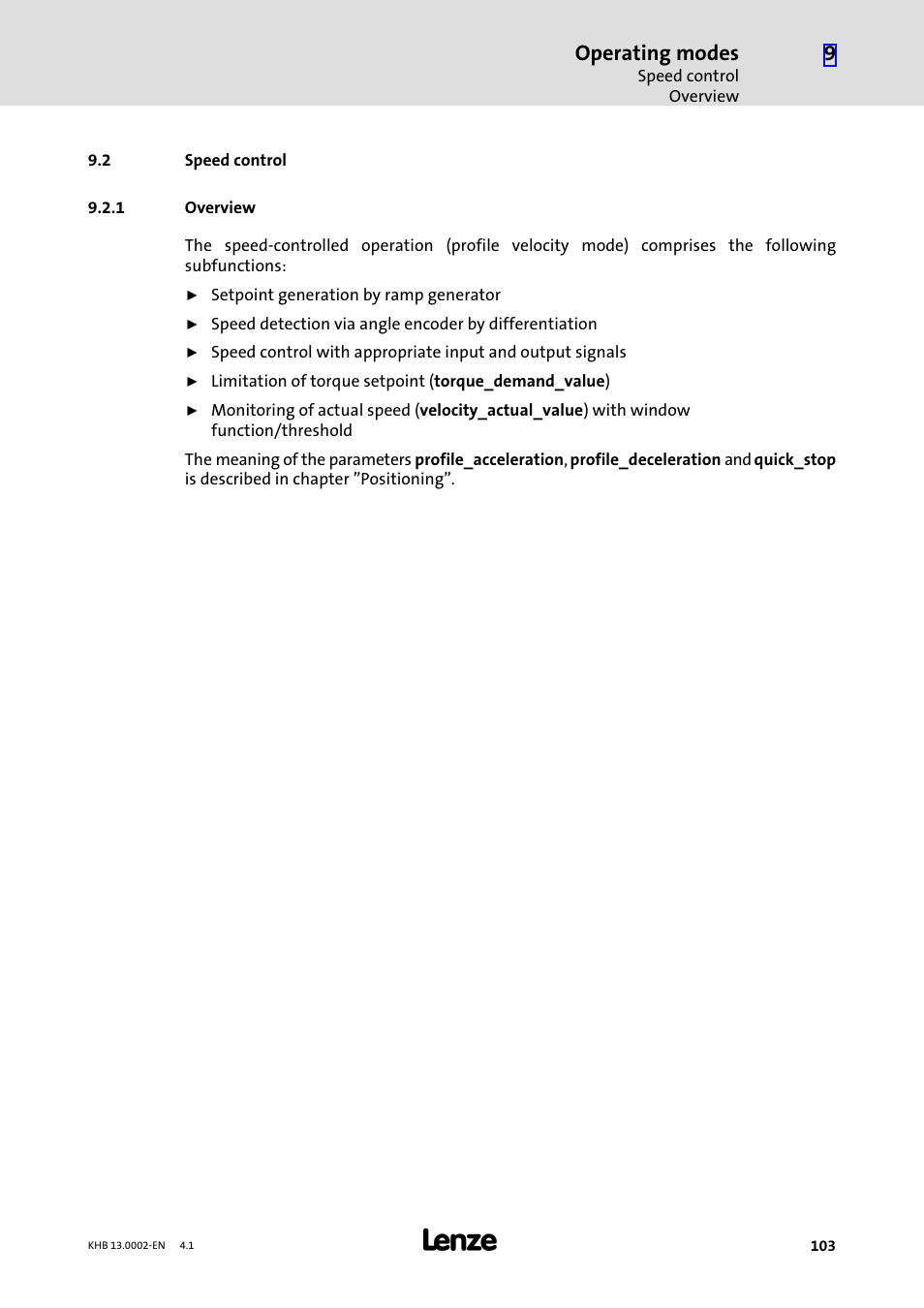 2 speed control, 1 overview, Speed control | Overview, Operating modes | Lenze 931K User Manual | Page 103 / 148