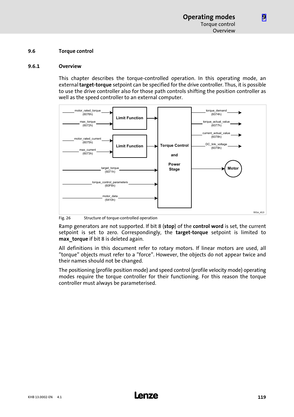 6 torque control, 1 overview, Torque control | Overview, Operating modes, Torque control overview | Lenze 931K User Manual | Page 119 / 148