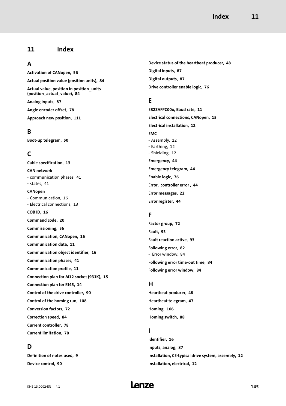 11 index, Index, Index 11 | 11 index a | Lenze 931K User Manual | Page 145 / 148